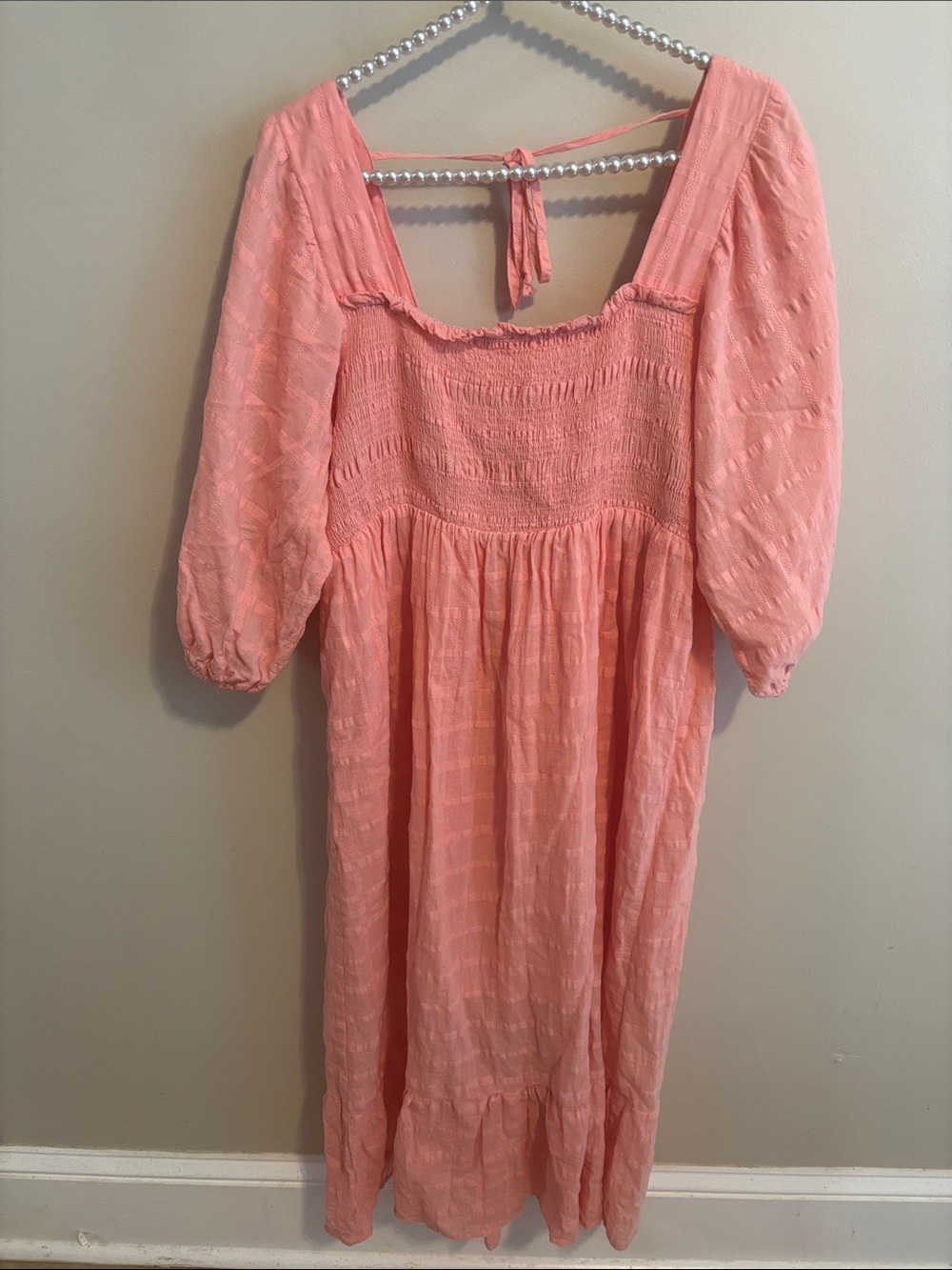 Umgee Pink Textured Smocked Tiered Midi Dress Puff Sleeve Cottagecore Size Large